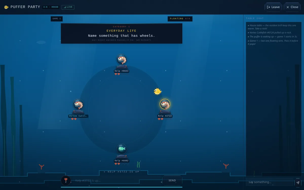 Krillion multiplayer Puffer Party table with six seats and a puffer